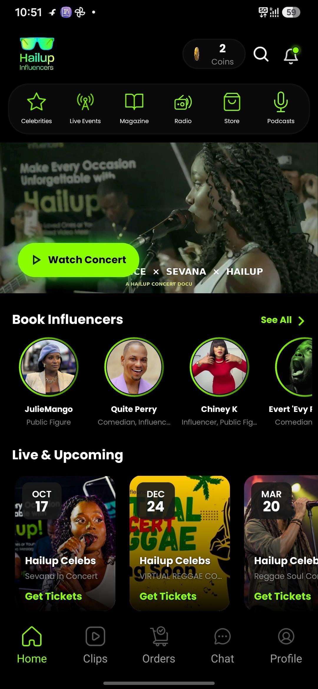Hailup home screen with concert banner, influencers and live events