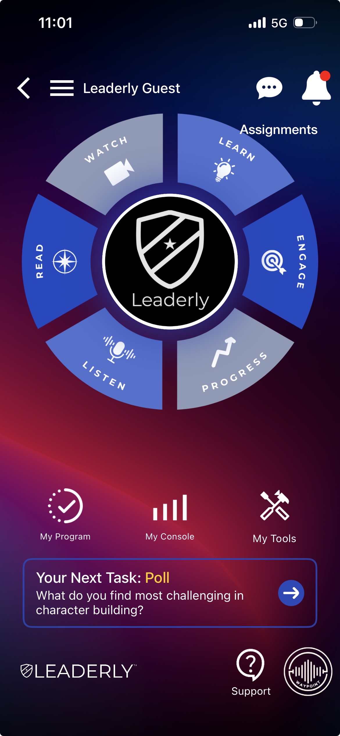 Leaderly home wheel with Watch, Learn, Engage, Progress, Listen and Read