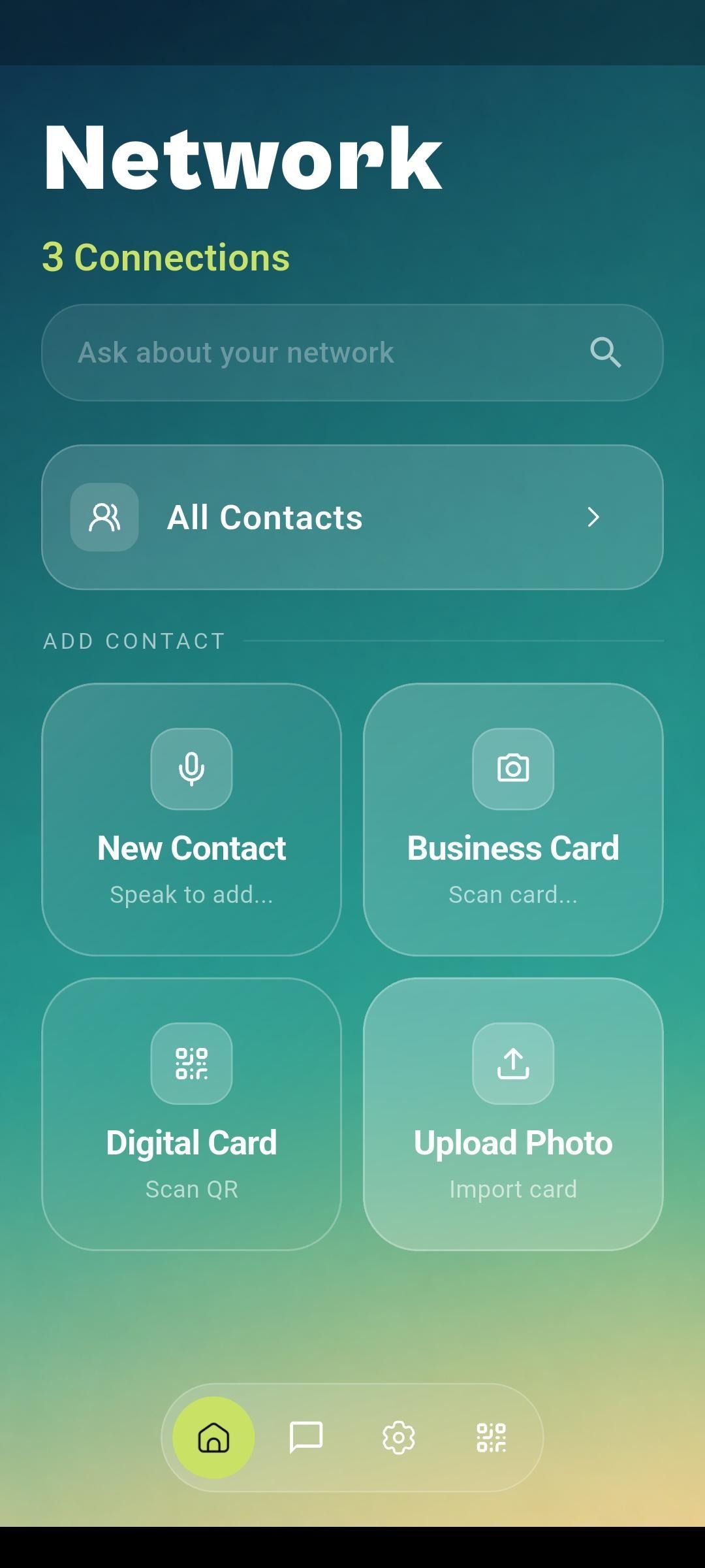 RecallVerse network screen with AI search and add-contact options