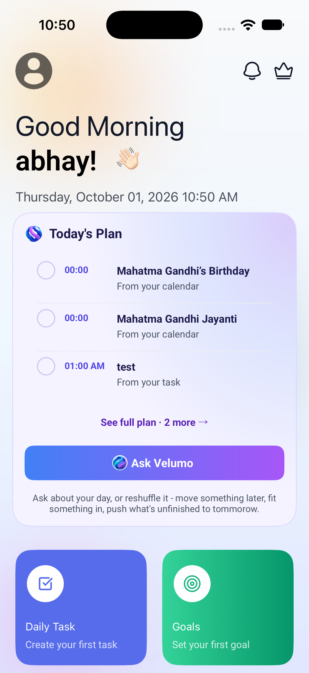 Velumo morning dashboard with today's plan and Ask Velumo